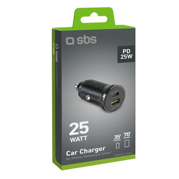 SBS TECRPD25W autós töltő 1xUSB-A és 1xUSB-C csatlakozással 25W PD - fekete