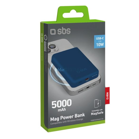 SBS TEBB5000MAG1CB indukciós powerbank 1xUSB-C csatlakozással 5000mAh 10W Qi - kék