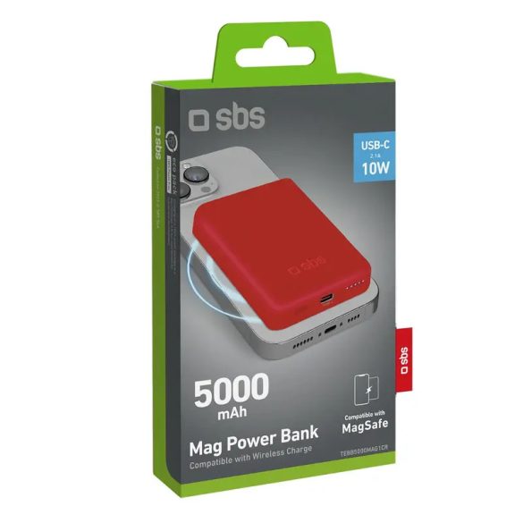 SBS TEBB5000MAG1CR indukciós powerbank 1xUSB-C csatlakozással 5000mAh 10W Qi - piros
