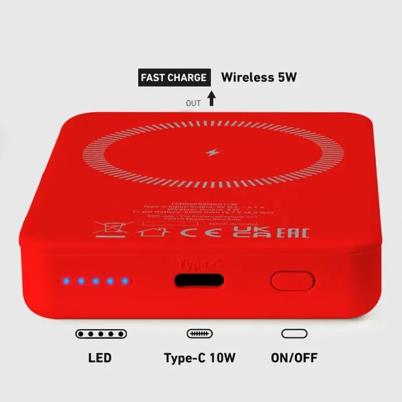SBS TEBB5000MAG1CR indukciós powerbank 1xUSB-C csatlakozással 5000mAh 10W Qi - piros
