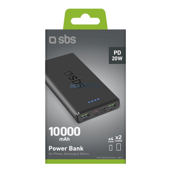 SBS TTBB10000FASTPD20K powerbank 2xUSB-A és 1xUSB-C csatlakozással 10000mAh 20W PD - fekete