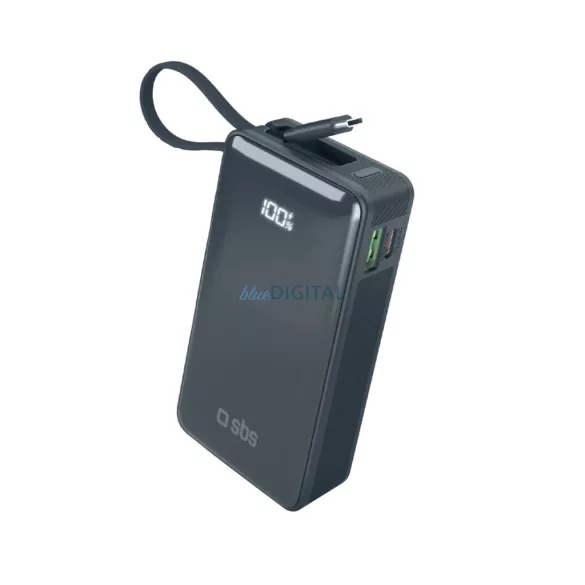 Powerbank SBS 10000 mAh 20W beépített USB-C kábellel és digitális kijelzővel - sötétszürke színben