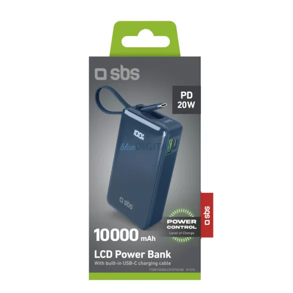 Powerbank SBS 10000 mAh 20W beépített USB-C kábellel és digitális kijelzővel - sötétszürke színben