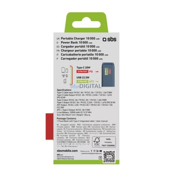 Powerbank SBS 10000 mAh 20W beépített USB-C kábellel és digitális kijelzővel - sötétszürke színben