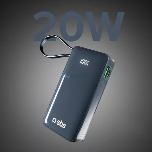Powerbank SBS 10000 mAh 20W beépített USB-C kábellel és digitális kijelzővel - sötétszürke színben