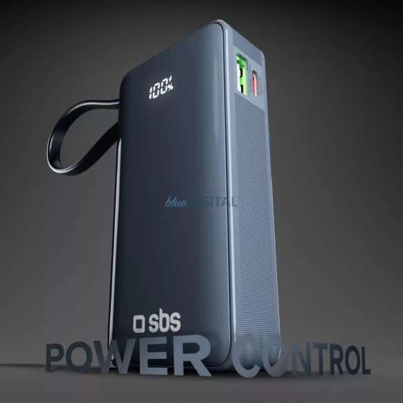 Powerbank SBS 10000 mAh 20W beépített USB-C kábellel és digitális kijelzővel - sötétszürke színben