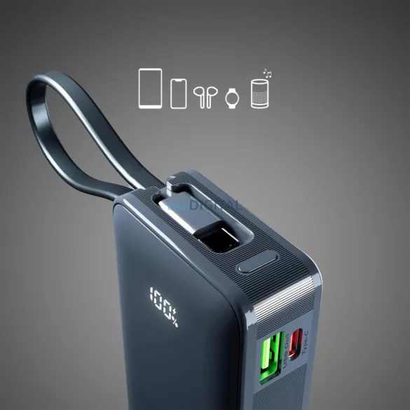 Powerbank SBS 10000 mAh 20W beépített USB-C kábellel és digitális kijelzővel - sötétszürke színben