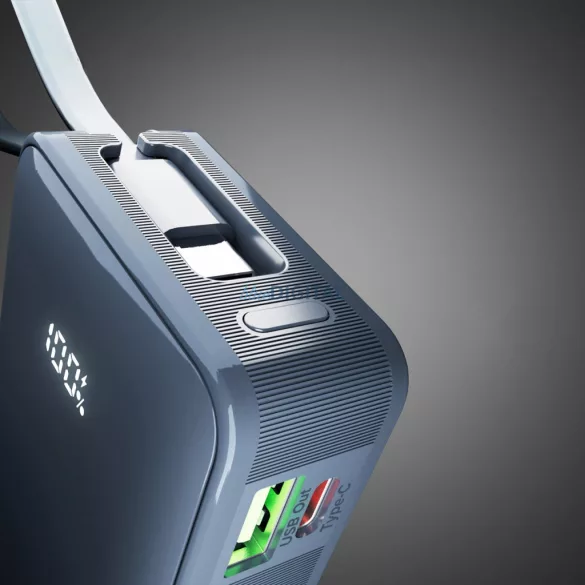 Powerbank SBS 10000 mAh 20W beépített USB-C kábellel és digitális kijelzővel - sötétszürke színben