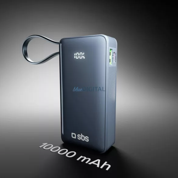 Powerbank SBS 10000 mAh 20W beépített USB-C kábellel és digitális kijelzővel - sötétszürke színben