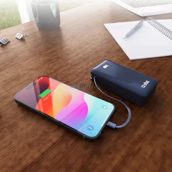 Powerbank SBS 10000 mAh 20W beépített USB-C kábellel és digitális kijelzővel - sötétszürke színben