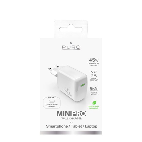 Puro SuperMini hálózati töltő 1xUSB-C csatlakozással 45W GaN PD - fehér