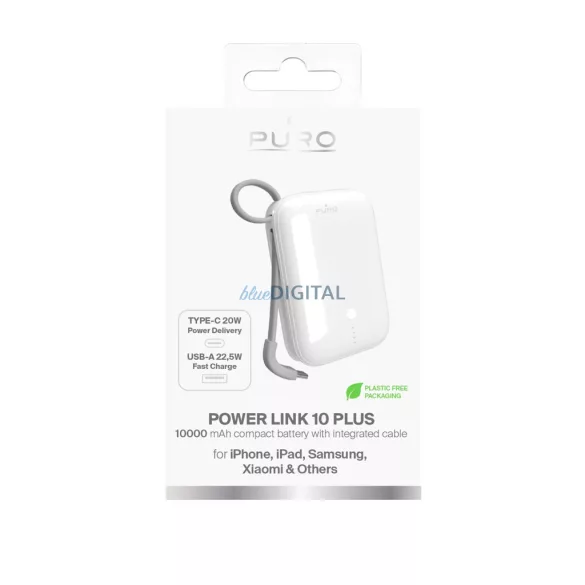 Puro Power Link 10 Plus 10000mAh Power Bank beépített USB-C kábellel - Fehér színben