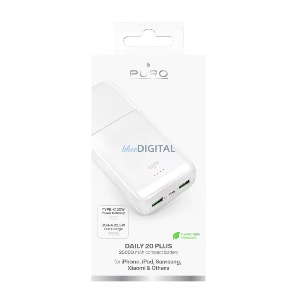 Powerbank Puro DAILY 20 PLUS 20000mAh 2x USB-A / 1x USB-C 22.5W PD AFC - fehér