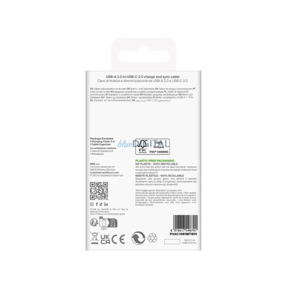 Puro TPE 10W USB-A - USB-C kábel 3m - fehér