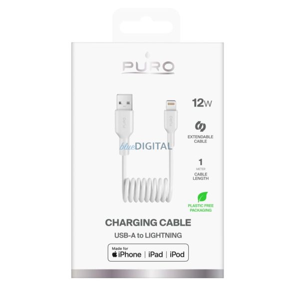 Puro 12W USB-A - Lightning spirál kábel 1m - Fehér