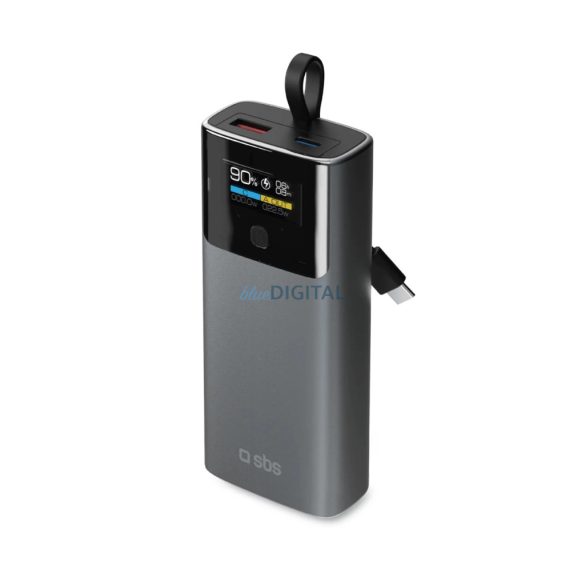 SBS 10000mAh PD 20W-os Powerbank LCD kijelzővel és beépített USB-C kábellel - szürke