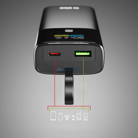 SBS 10000mAh PD 20W-os Powerbank LCD kijelzővel és beépített USB-C kábellel - szürke