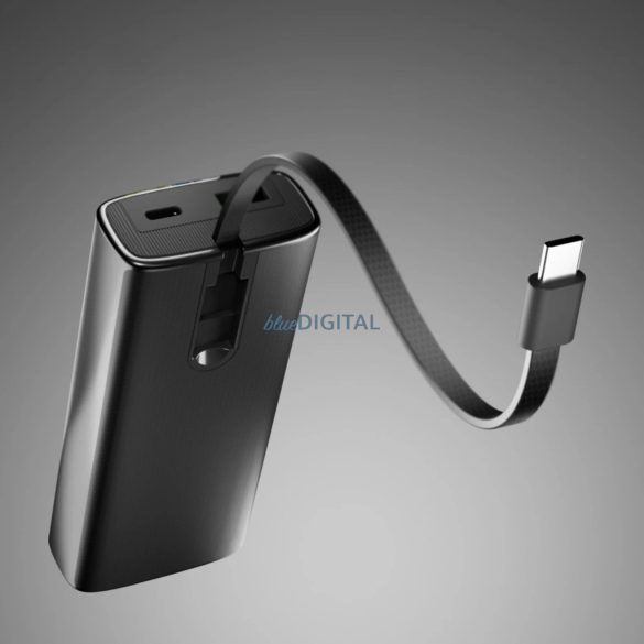 SBS 10000mAh PD 20W-os Powerbank LCD kijelzővel és beépített USB-C kábellel - szürke