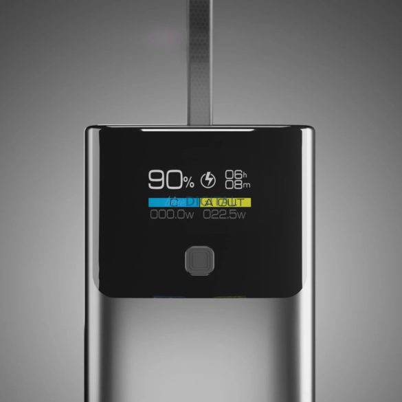 SBS 10000mAh PD 20W-os Powerbank LCD kijelzővel és beépített USB-C kábellel - szürke