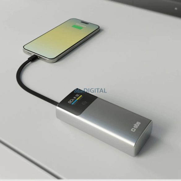 SBS 10000mAh PD 20W-os Powerbank LCD kijelzővel és beépített USB-C kábellel - szürke