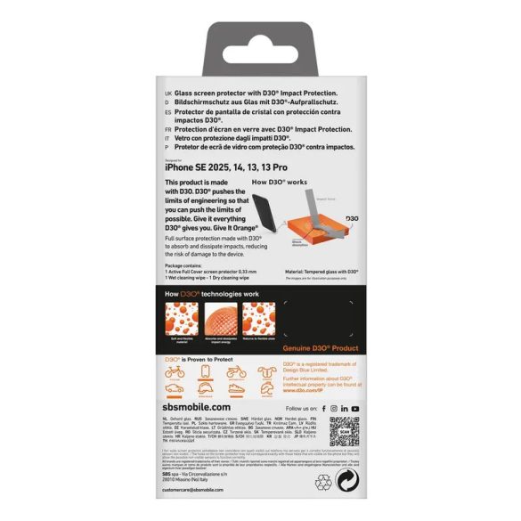 SBS D3O edzett üveg fekete szegéllyel iPhone 16e