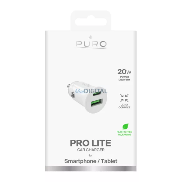 Puro Pro Lite autós töltő 1x USB-A + 1x USB-C Power Delivery 20W - Fehér színben
