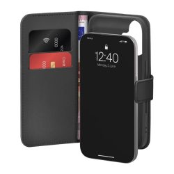   Puro Wallet Stand tok iPhone 17 készülékhez, ökobőrből, patenttal, pénztárcával és állvány funkcióval - fekete