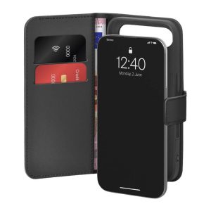 Puro Wallet Stand Case tok iPhone 17 Air készülékhez ökobőrből, patenttal, pénztárca és állvány funkcióval - fekete