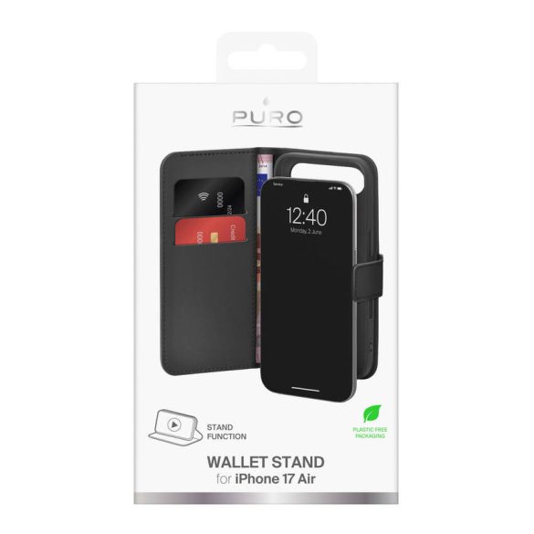 Puro Wallet Stand Case tok iPhone 17 Air készülékhez ökobőrből, patenttal, pénztárca és állvány funkcióval - fekete