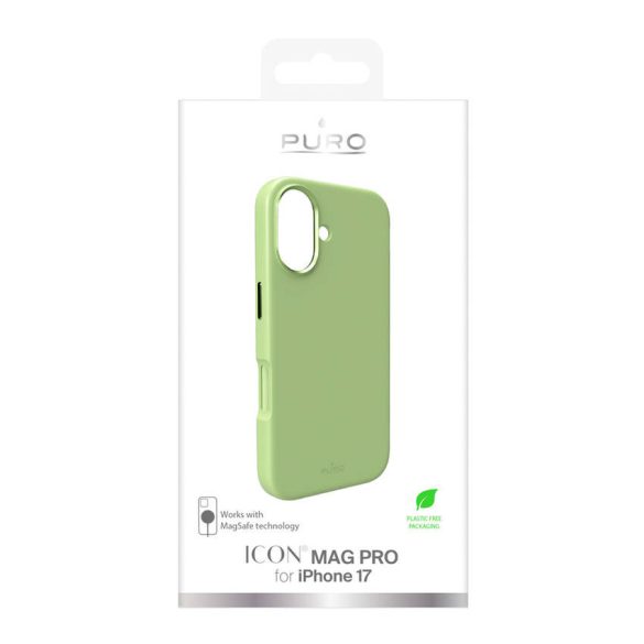 Pure Icon Mag Pro Liquid szilikon tok iPhone 17 készülékhez, MagSafe kompatibilis, kameravédelemmel és alumínium gombokkal - zöld