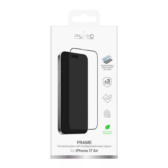 Puro Frame edzett üveg iPhone 17 Air készülékhez, applikátorral és fekete kerettel