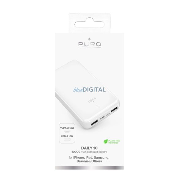 Puro White powerbank 2xUSB-A és 1xUSB-C csatlakozással 10000mAh 12W 2.4A - fehér