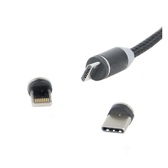 Kábel mágneses 3IN1 LIGHTNNG Type-c MICRO USB 1M Fekete