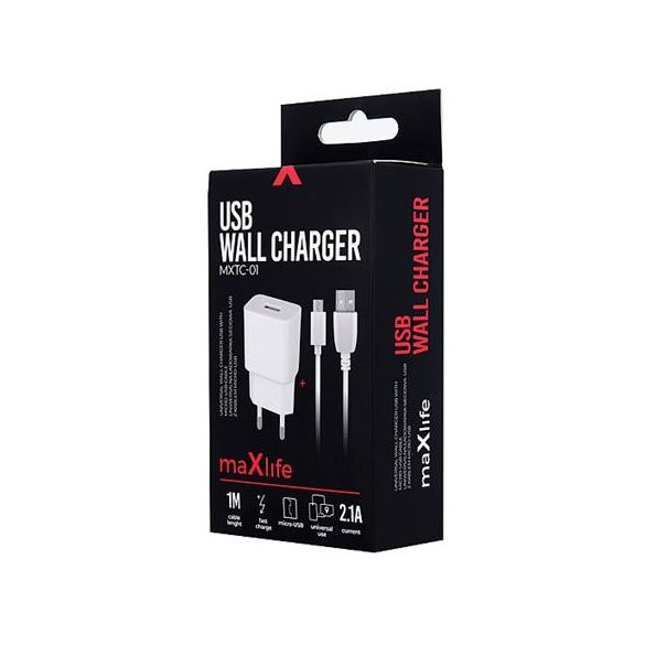 TRAVEL CHARGER MaxLife 1A USB + DETACHABLE mikro USB-kábel FEHÉR