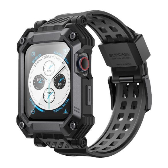 Supcase Unicorn Beetle Pro csereszíj tokkal + edzett üveg Apple Watch 4 / 5 / 6 / 7 / 8 / 9 / Se (44 / 45 mm) fekete