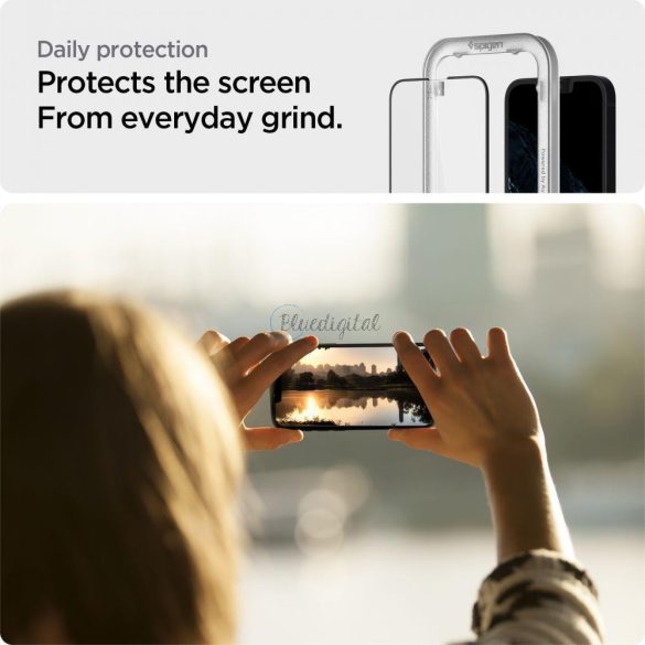 Spigen ALM GLASS FC edzett üveg rögzítő kerettel iPhone 13 / 13 Pro fekete kerettel