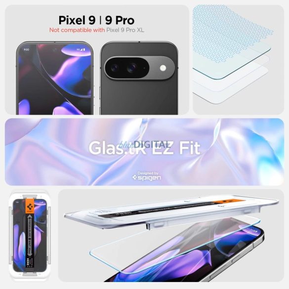 Spigen Glas.tR EZ Fit edzett üveg felhelyezést segítő kerettel Google Pixel 9 / 9 Pro - 2 db