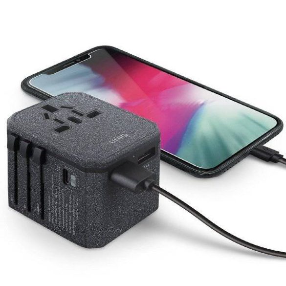 UNIQ kormányzás. hálózaton. Világ Voyage Adapter 33W + 18W 2xUSB + PD + 3.0 QC szürke / sötétszürke (LITHOS Collective)