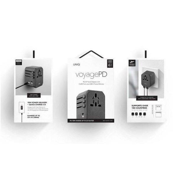 UNIQ kormányzás. hálózaton. Világ Voyage Adapter 33W + 18W 2xUSB + PD + 3.0 QC szürke / sötétszürke (LITHOS Collective)