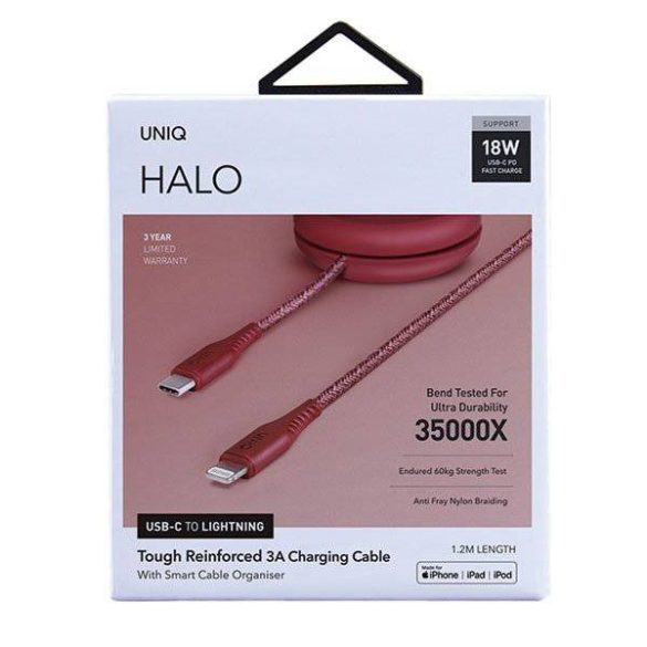 UNIQ Halo USB-kábel MFI-C-18W Lightning 1,2 m visszahúzható nylon piros / kárminpiros