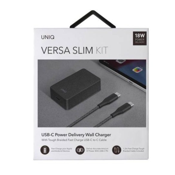 UNIQ kormányzás. hálózaton. Versa Slim USB PD-C 18W + USB-kábelt az USB-C-C fekete / szénfekete (LITHOS Collective)