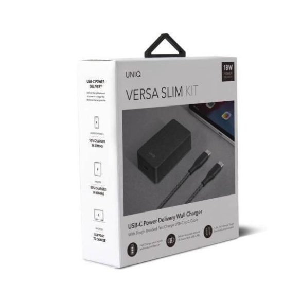 UNIQ kormányzás. hálózaton. Versa Slim USB PD-C 18W + USB-kábelt az USB-C-C fekete / szénfekete (LITHOS Collective)