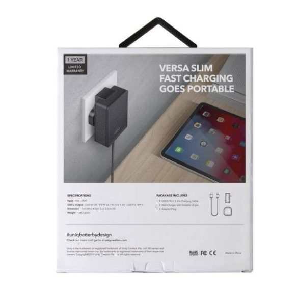 UNIQ kormányzás. hálózaton. Versa Slim USB PD-C 18W + USB-kábelt az USB-C-C fekete / szénfekete (LITHOS Collective)