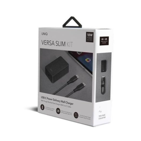 UNIQ kormányzás. hálózaton. Versa Slim USB PD-C 18W + USB-kábelt az USB-C-C fekete / szénfekete (LITHOS Collective)