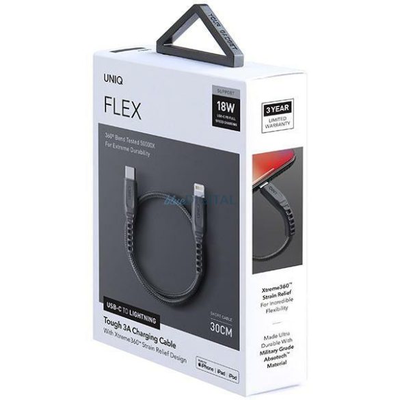 Uniq Flex kábel USB-C- Lightning 18W nejlon 30cm carbon szürke