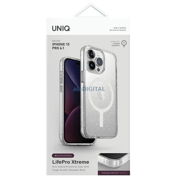 Uniq LifePro Xtreme iPhone 15 Pro 6.1" tok Magclick Charging átlátszó/flitteres fényű tok