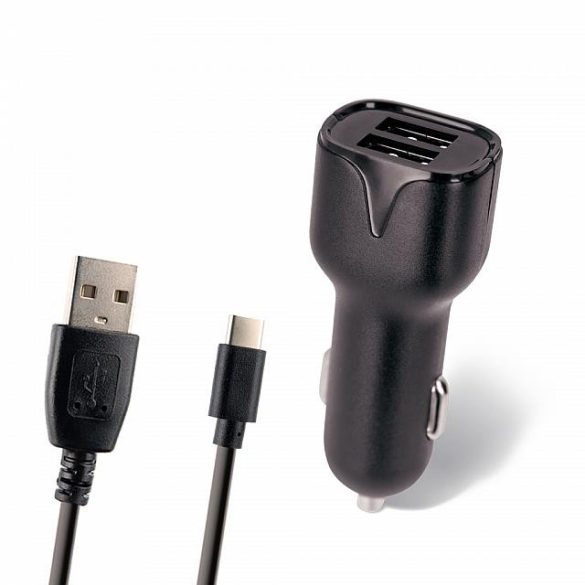 Autós Töltő Maxlife 2.4a 2xusb + Type-C Kábel Gyorstöltés Fekete