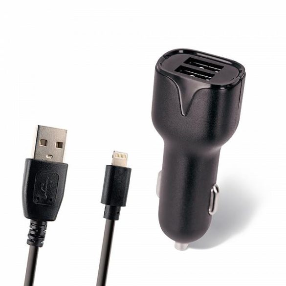 Autós Töltő Maxlife 2.4a 2xusb + Lightning Kábel Gyorstöltés Fekete