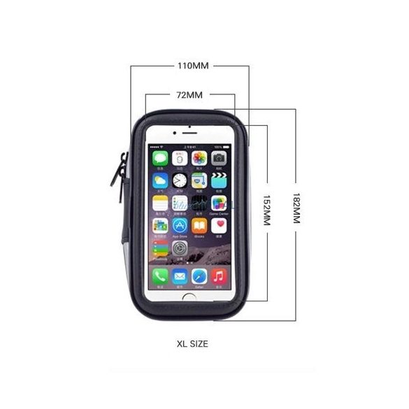 Kerékpáros vízálló telefontartó, univerzális tok XL méret (Max telefon méret: 165 mm x 80 mm) fekete (kormány rögzítés nélkül)
