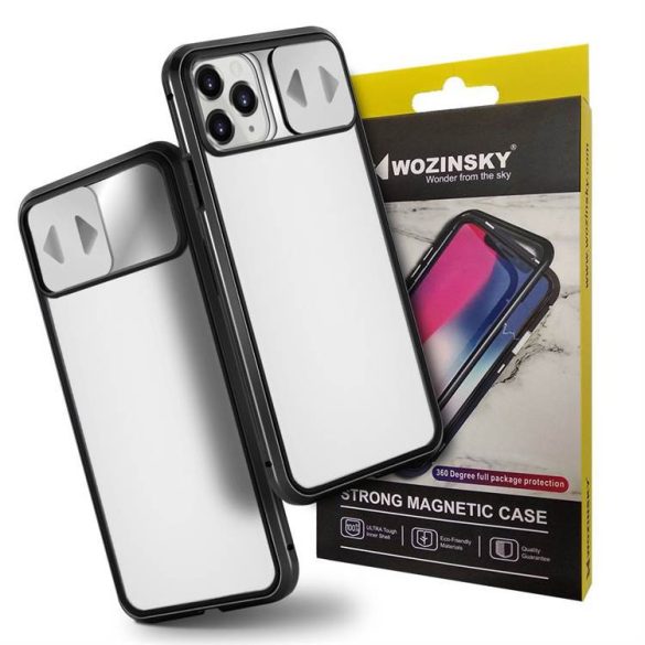 Wozinsky Mágneses Cam Slider tok egész testet fedő beépített elülső üveggel és kameranecsevédővel Huawei P40 fekete telefontok